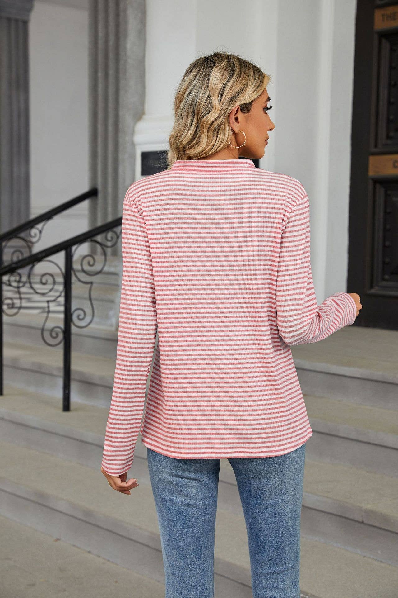 V-NECK BUTTON-STRIPED LONG-SLEEVED CASUAL T-SHIRT