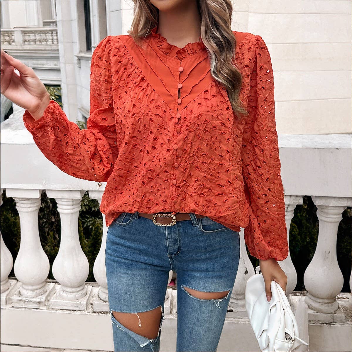 Temperament hollow embroidery long sleeve top