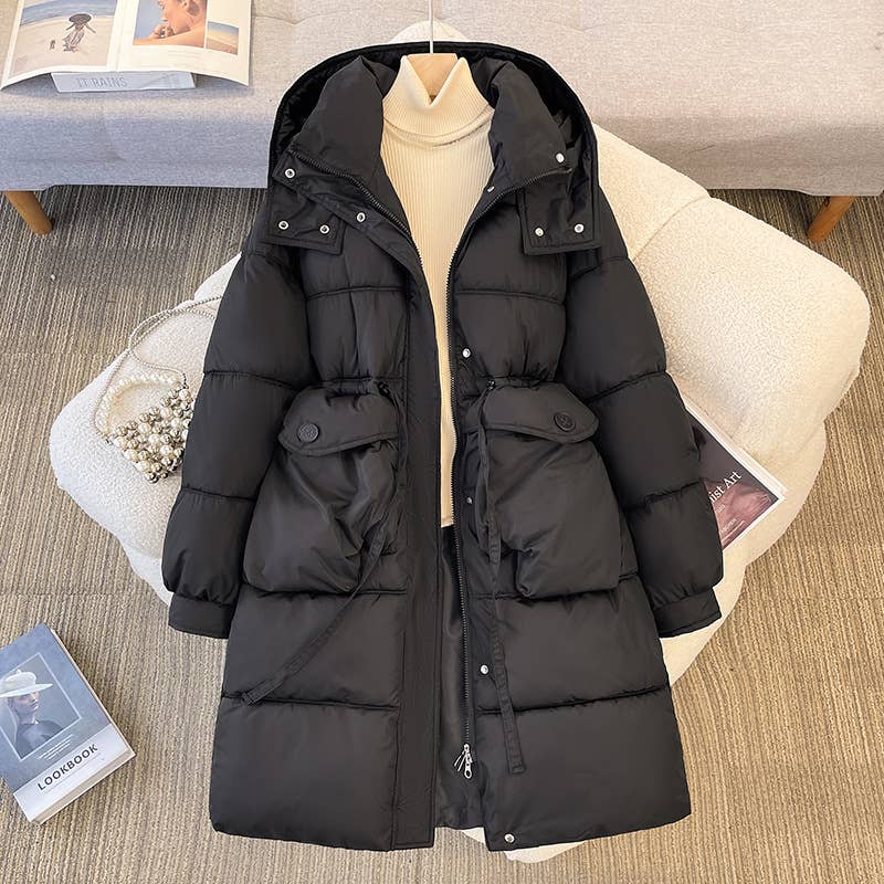 Thick,hooded,mid-length cotton-padded jacket