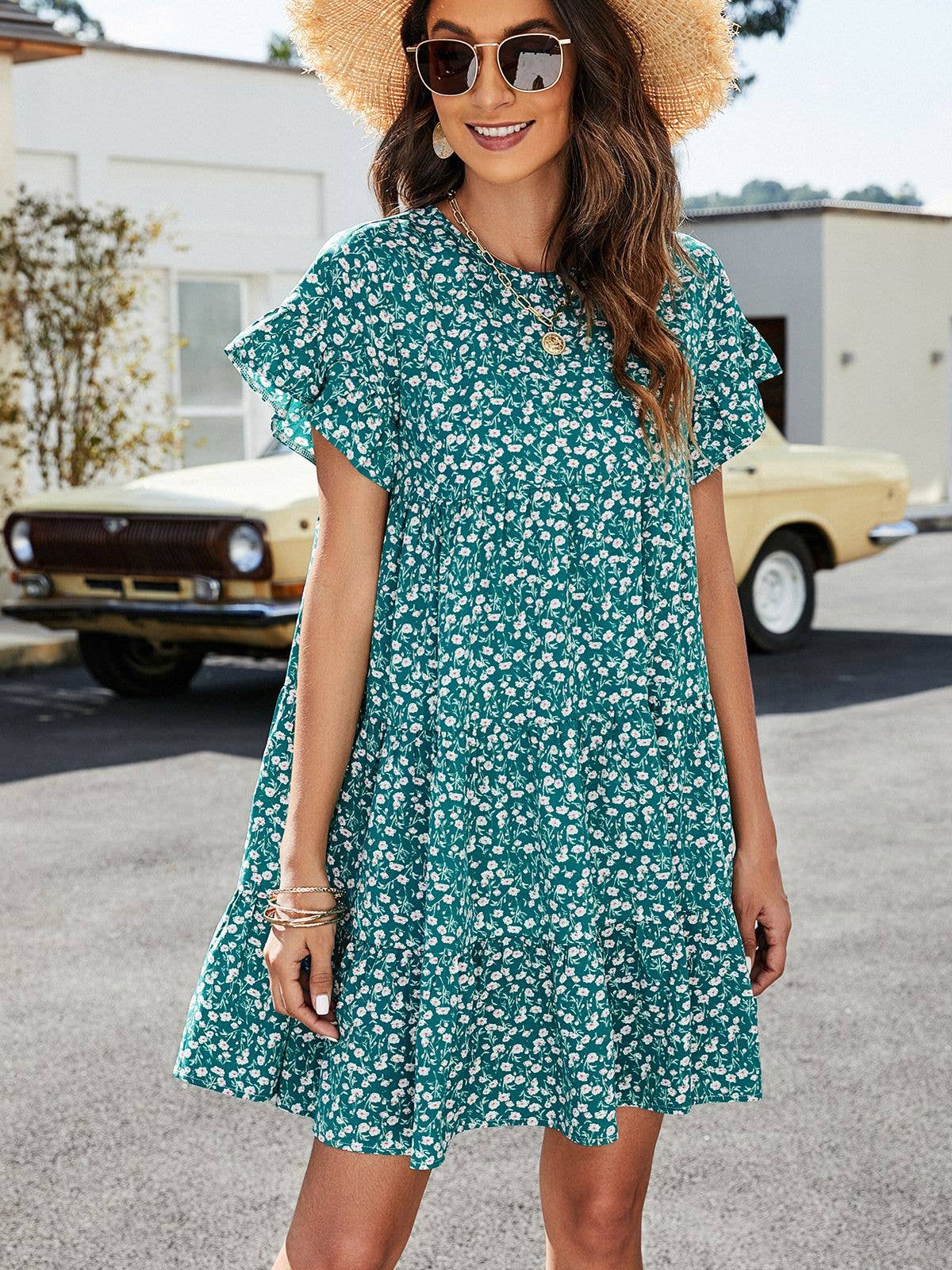 Leopard print floral crew-neck casual loose dress