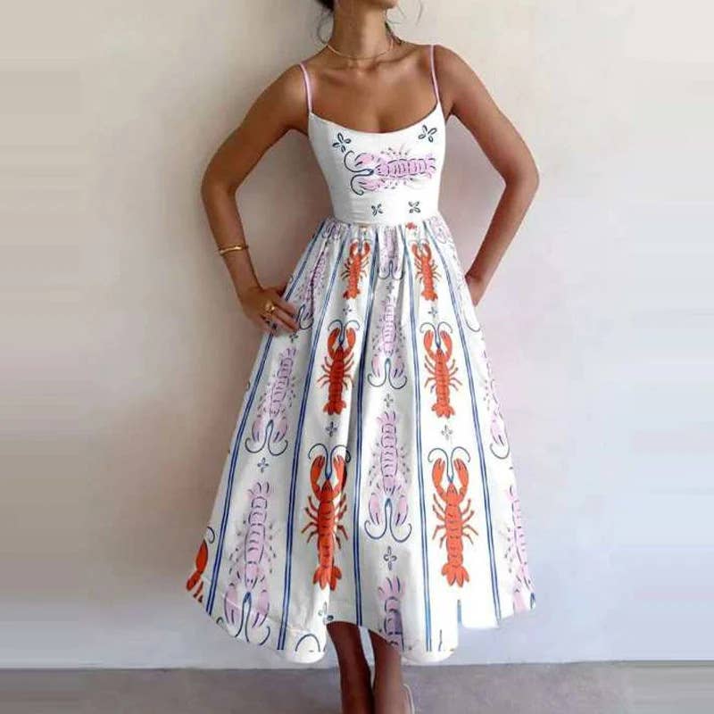 Fashion printed cinched waist,large halter dress
