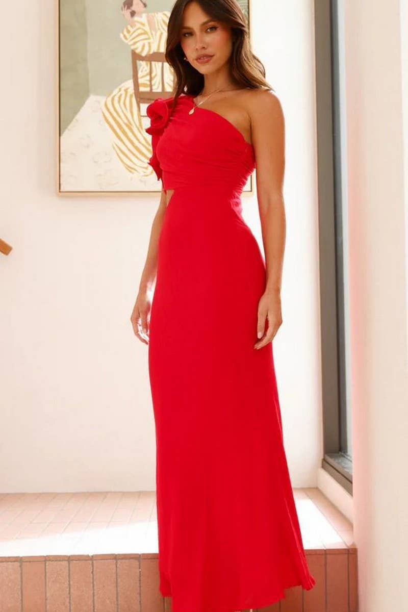 CWDMD5165_SOLID COLOR ONE SHOULDER SLIM DRESS