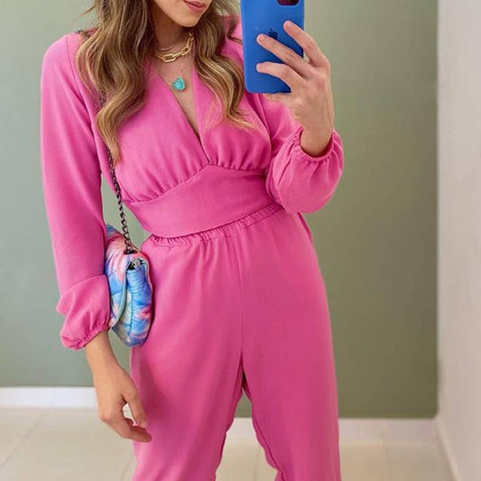 V-NECK CASUAL TOP SWEATPANTS SUIT TWO-PIECE
