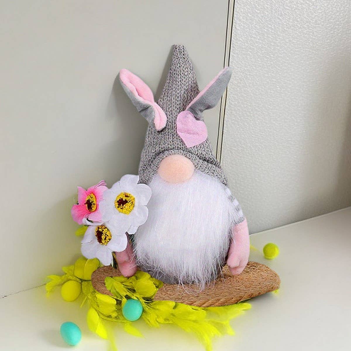 EASTER BUNNY GNOME HOLDING A BOUQUET OF FLOWERS