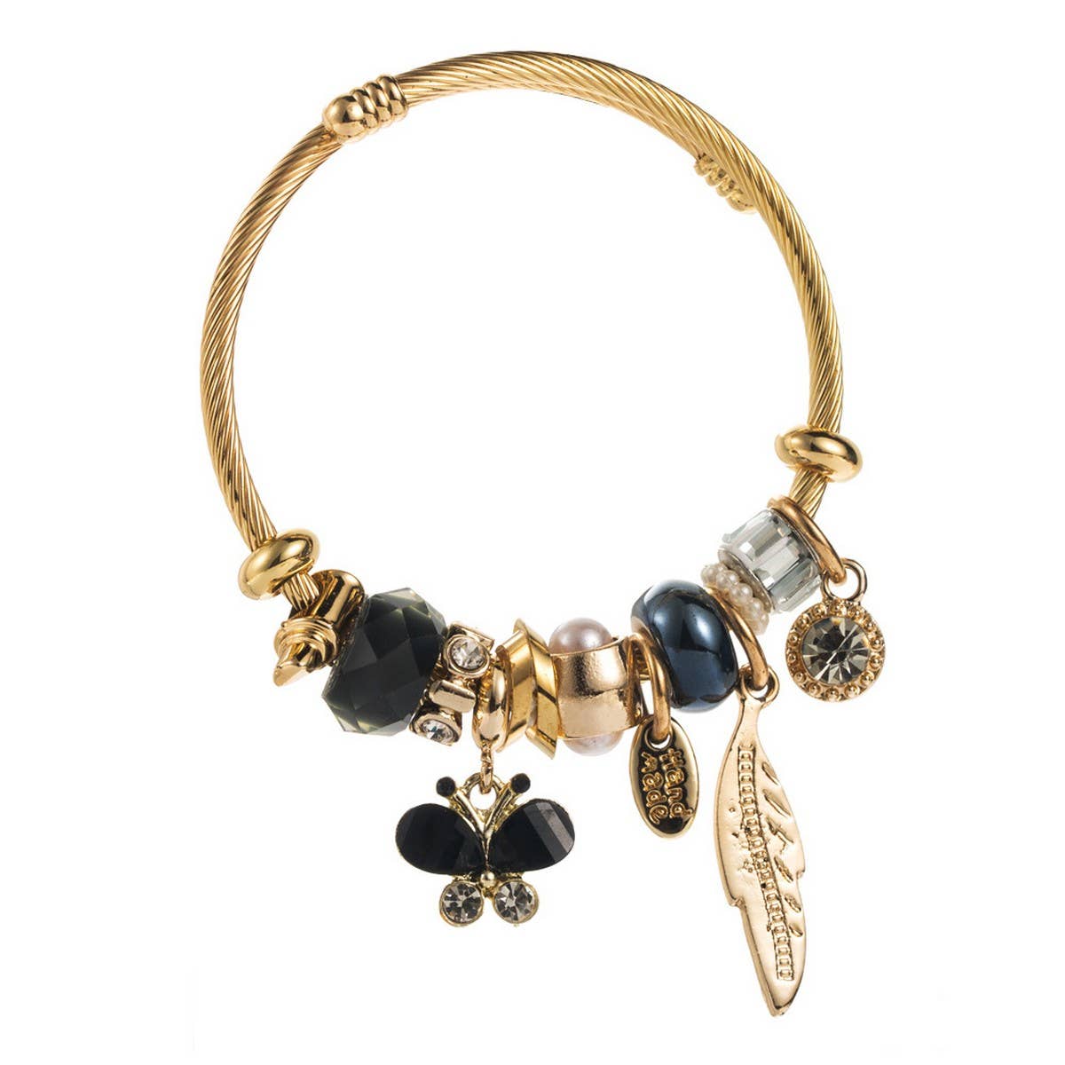 Beaded Steel Bracelet with Leaf & Butterfly_CWMM8618