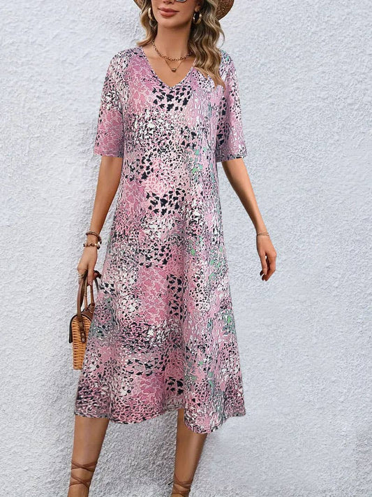 CWDMD5688_SUMMER V-NECK SHORT-SLEEVED FLORAL DRESS