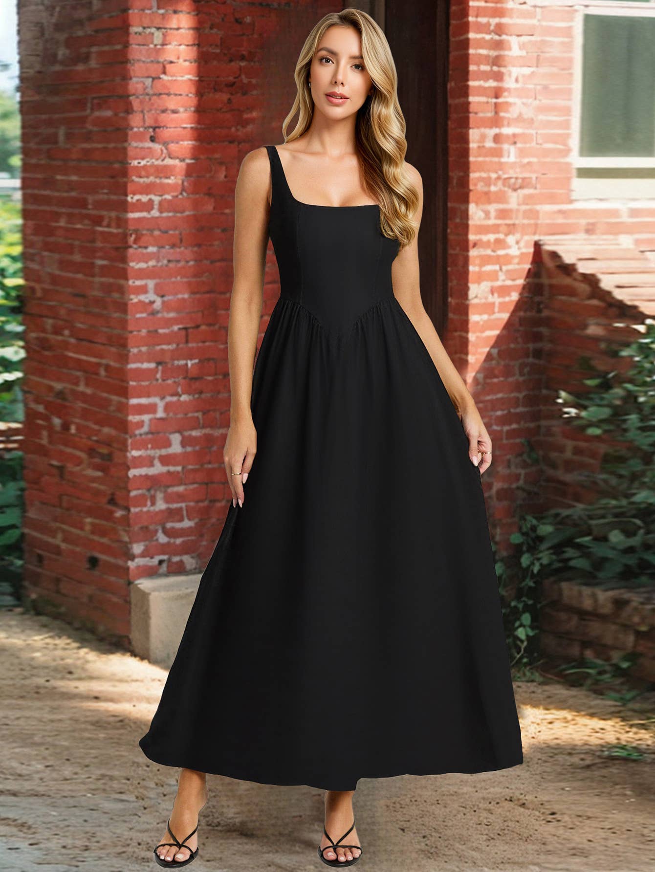 Solid-color elegant square-neck halter dress