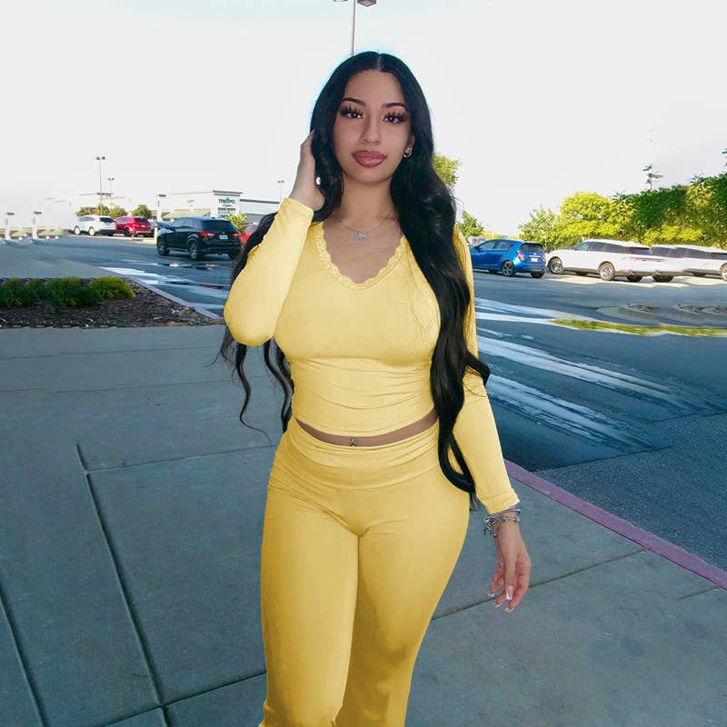 Simple casual solid color patchwork lace V-neck suit