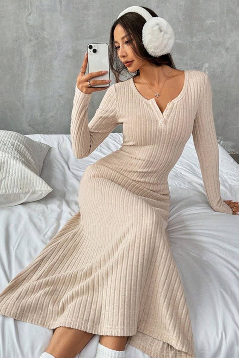 CWDMD00981_ELEGANT SLIM-FIT V-NECK SOLID COLOR SWEATER DRESS