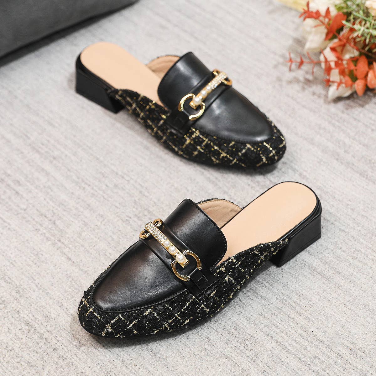 WOMEN SINGLE SHOES ROUND TOE RHINESTONE MULES