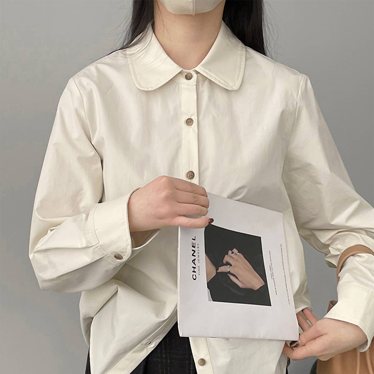 Solid color doll collar washed cotton shirt