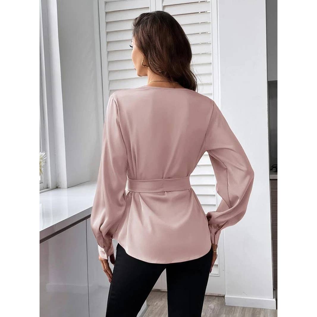 V-NECK SOLID COLOR BELTED ASYMMETRICAL HEM SHIRT