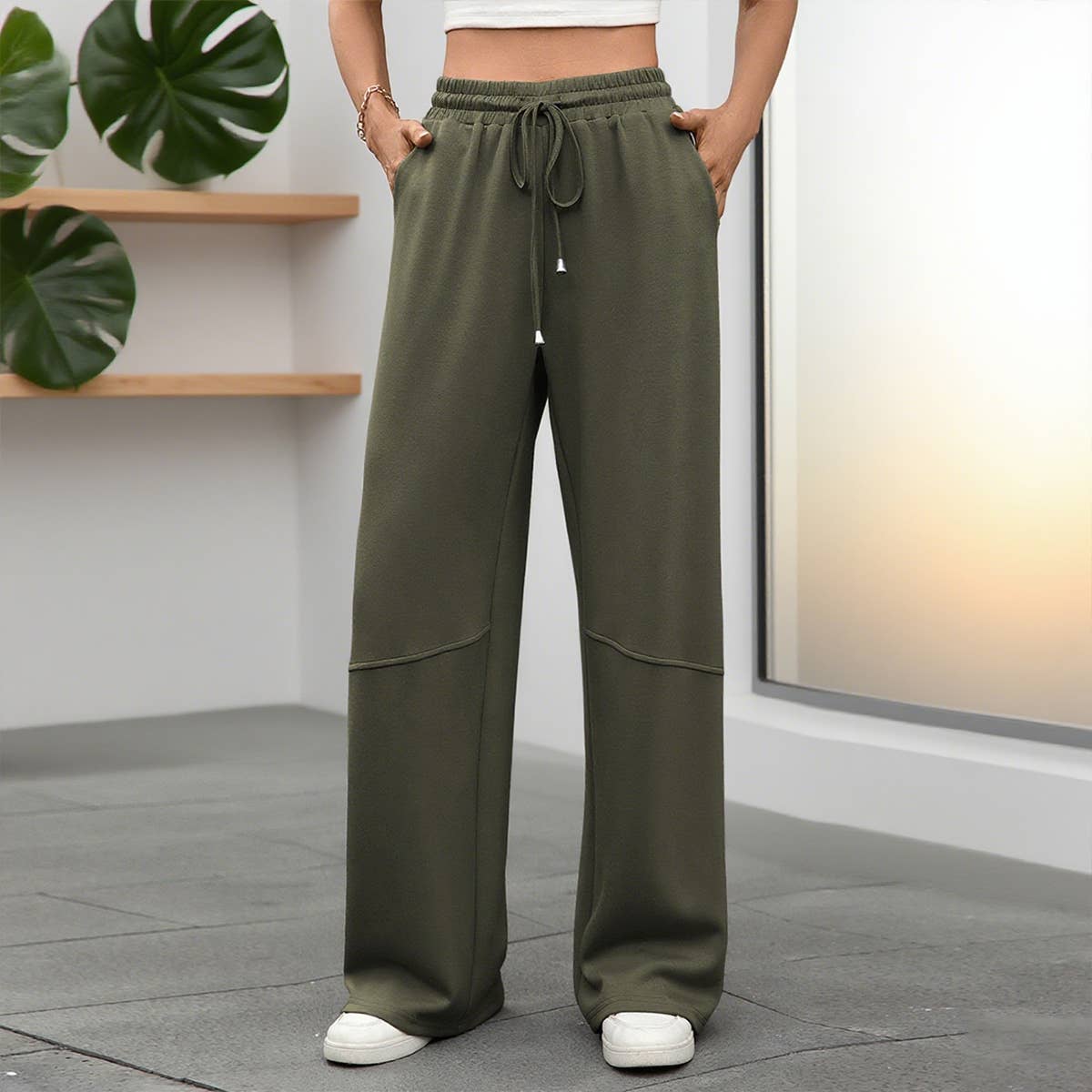 Stretch waist drawstring pocket wide leg pants