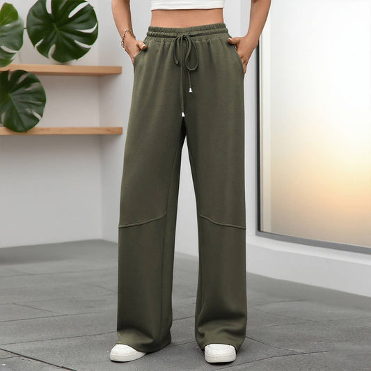 Stretch waist drawstring pocket wide leg pants