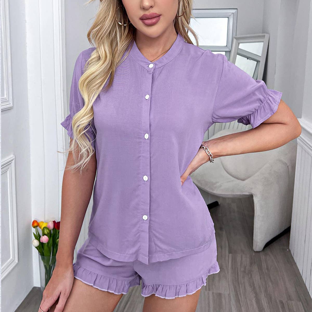 Two-piece ruffled shirt and shorts