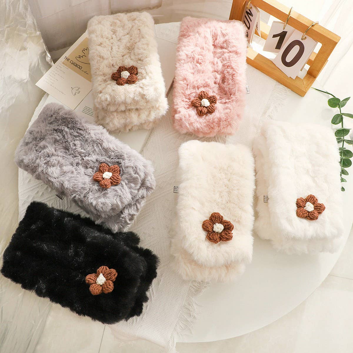 Brown Floral Fuzzy Scarf - Neck Wrap for Students_CWASC1251