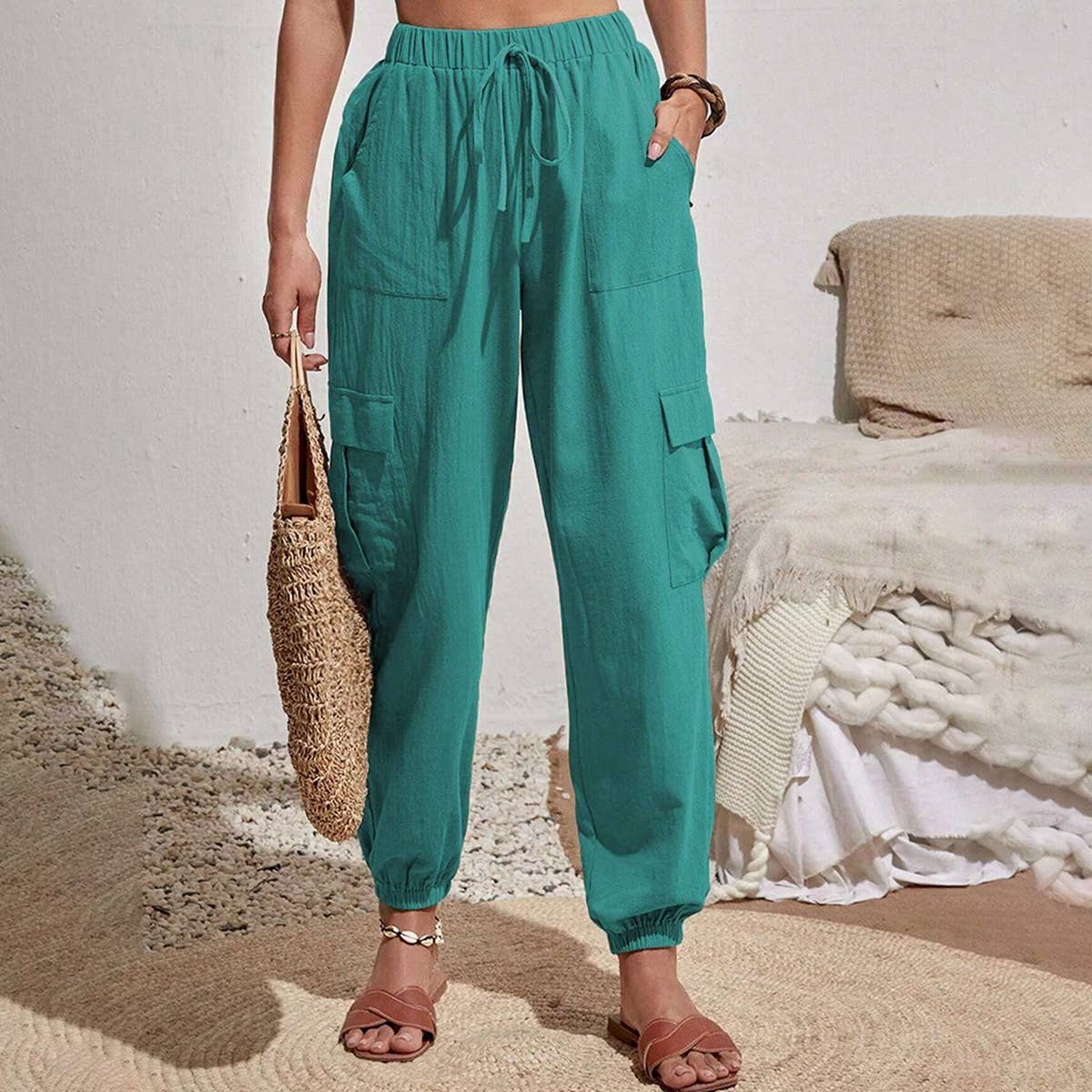 Wash water crepe pocket casual cargo pants