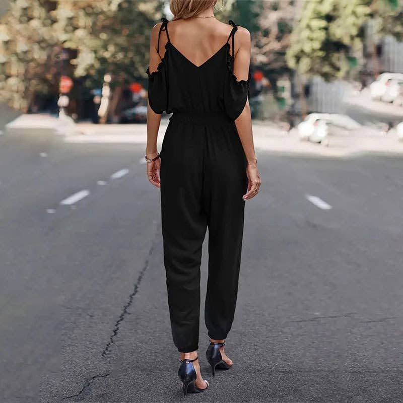 Woven suspender off the shoulder jumpsuit