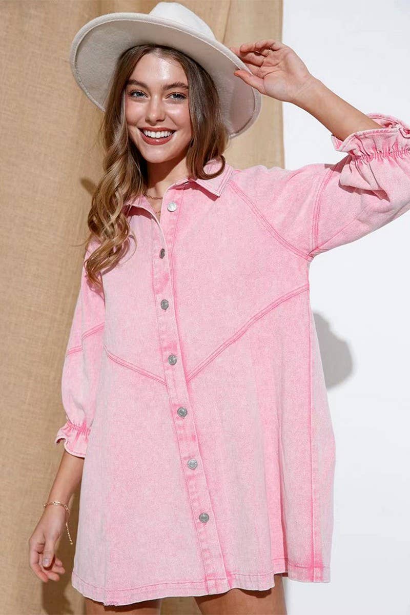 CWJT0026_CASUAL 3/4 SLEEVE BUTTON DOWN DENIM T-SHIRT DRESS