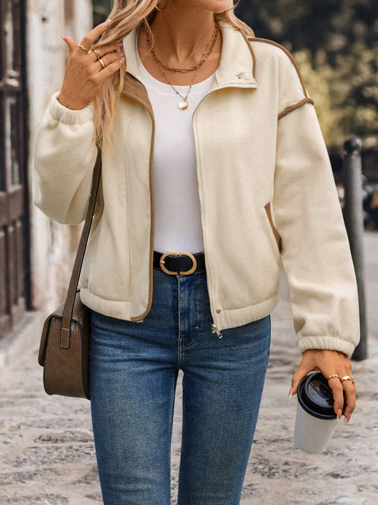 LAPEL SHORT ZIPPER STRIP COLOR CONTRAST CARDIGAN