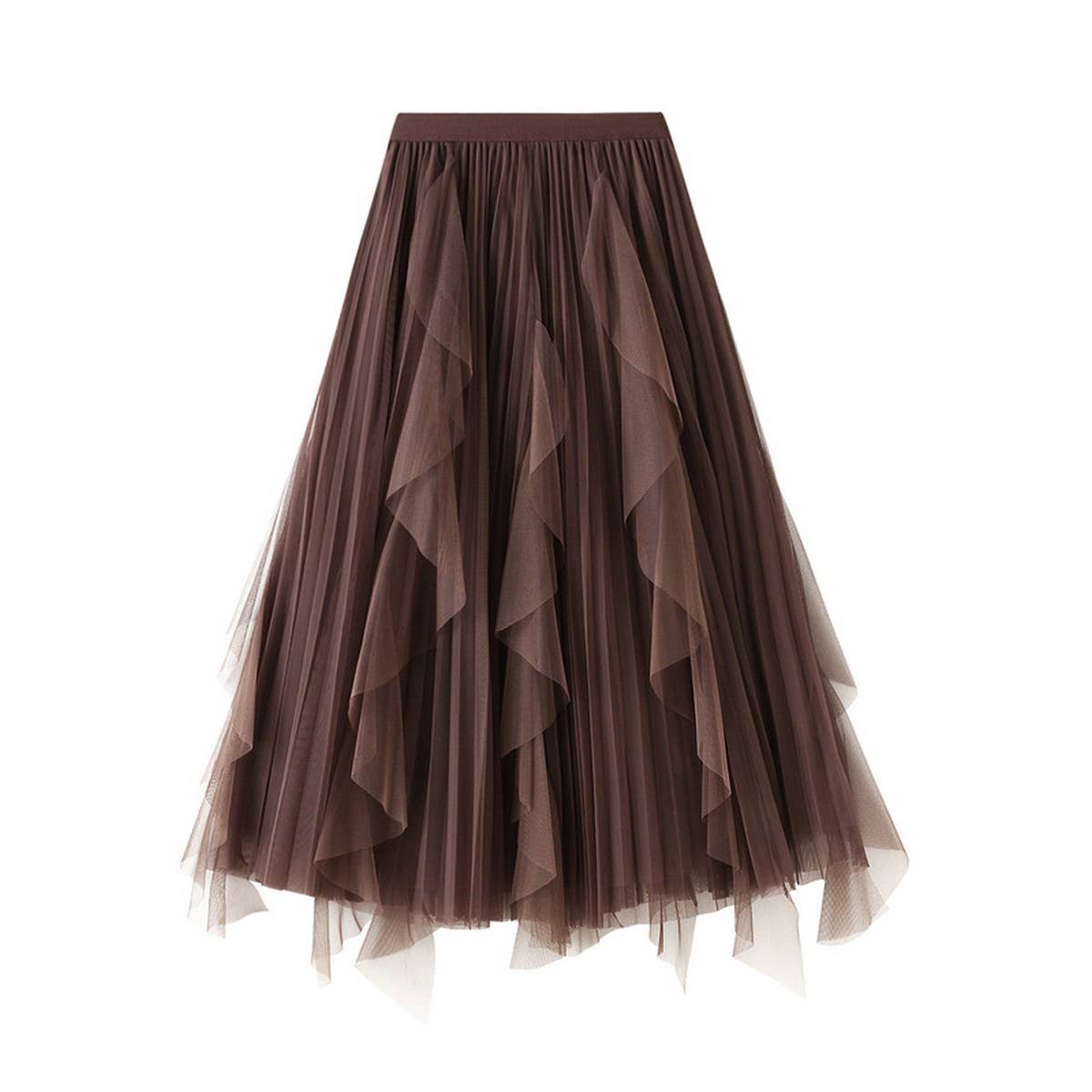 Ruffled Mesh Panel High-Waist Pleated Midi Skirt