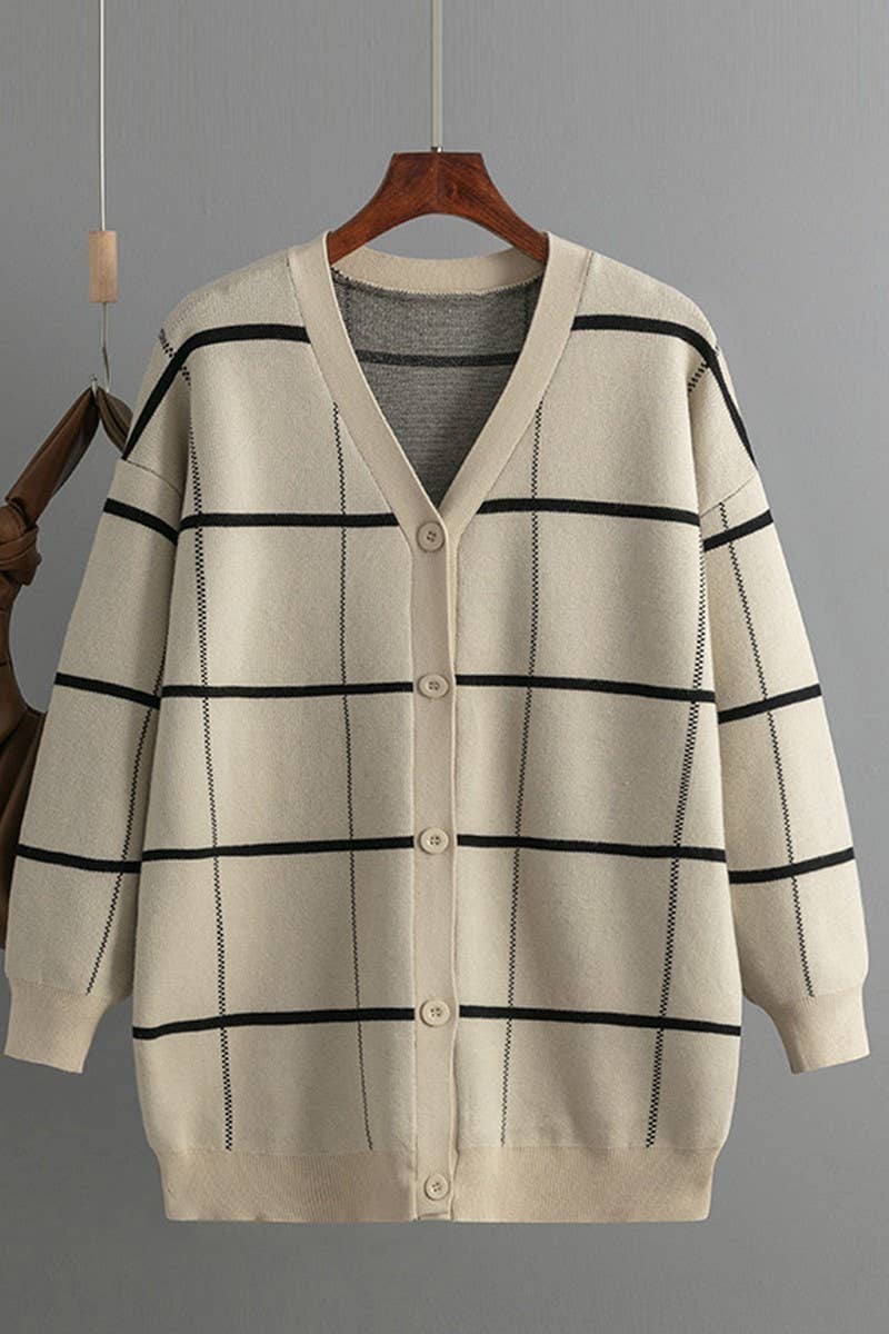 CWOCAL00671_STRIPED PLAID LOOSE KNIT CARDIGAN SWEATER