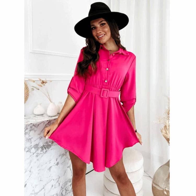 Rolled-up sleeves cinched waist shirt dress