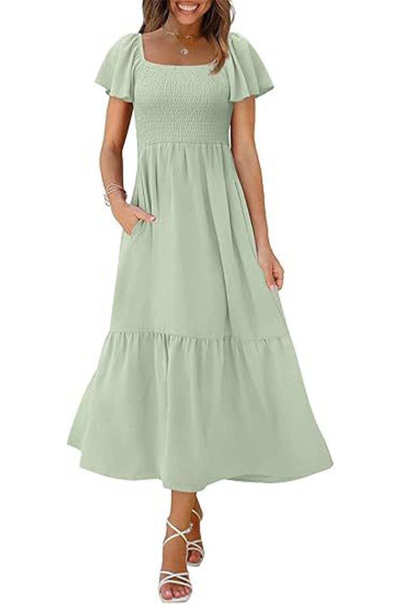 CWDMD6363_SQUARE NECK BUTTERFLY SLEEVE SHIRRED POCKET DRESS