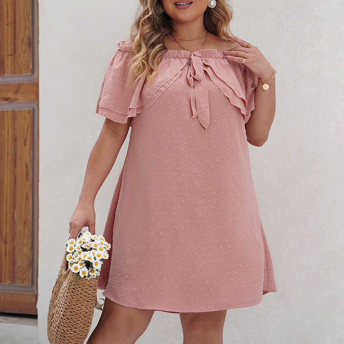 ONE WORD COLLAR CHIFFON PLUS-SIZE LOOSE MIDI DRESS_CWDSD3054