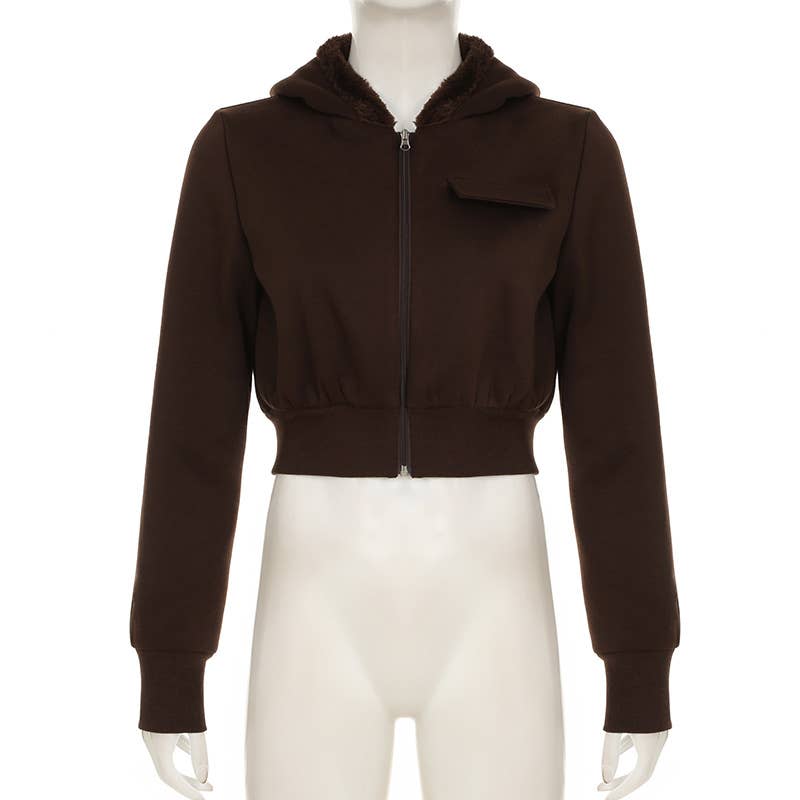 SOLID COLOR LOOSE SIMPLE ZIPPER FURRY JACKET