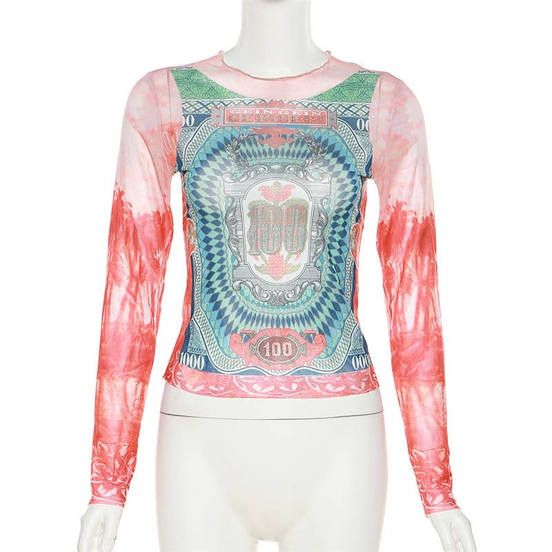 Fashion Print Colorblock Mesh Long Sleeve Top