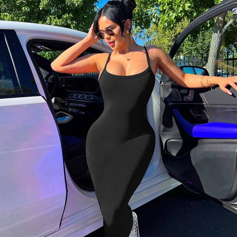 Sexy slim drop pit strip long halter dress