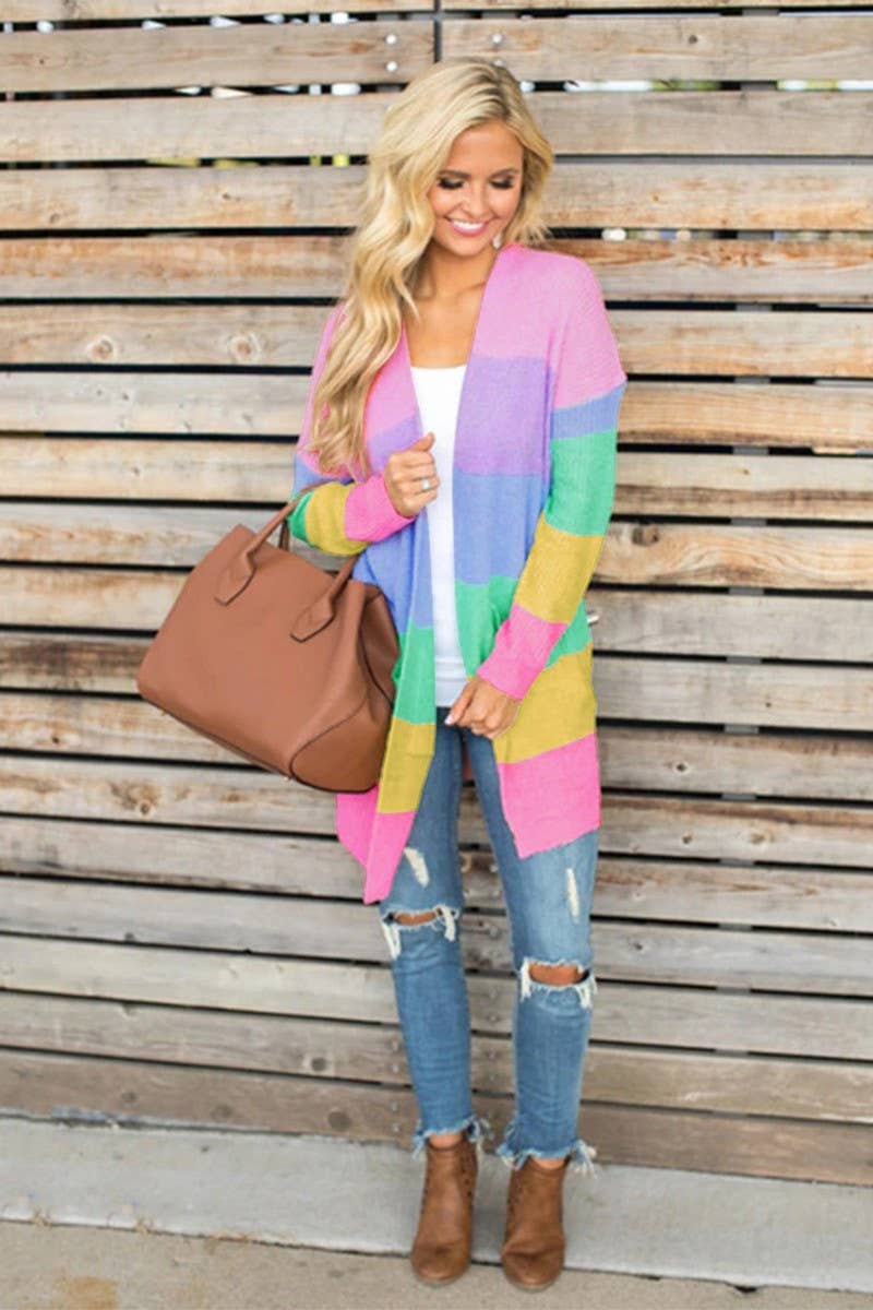CWOCAL00701_LOOSE COLORBLOCK STRIPED LONG KNIT CARDIGAN