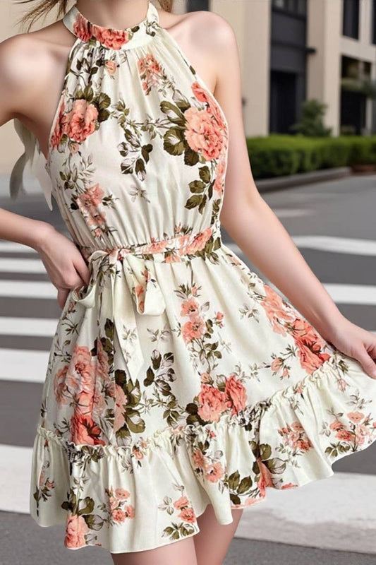 CWDSD10514_SWEET PRINT COLD SHOULDER RUFFLED SLIP DRESS