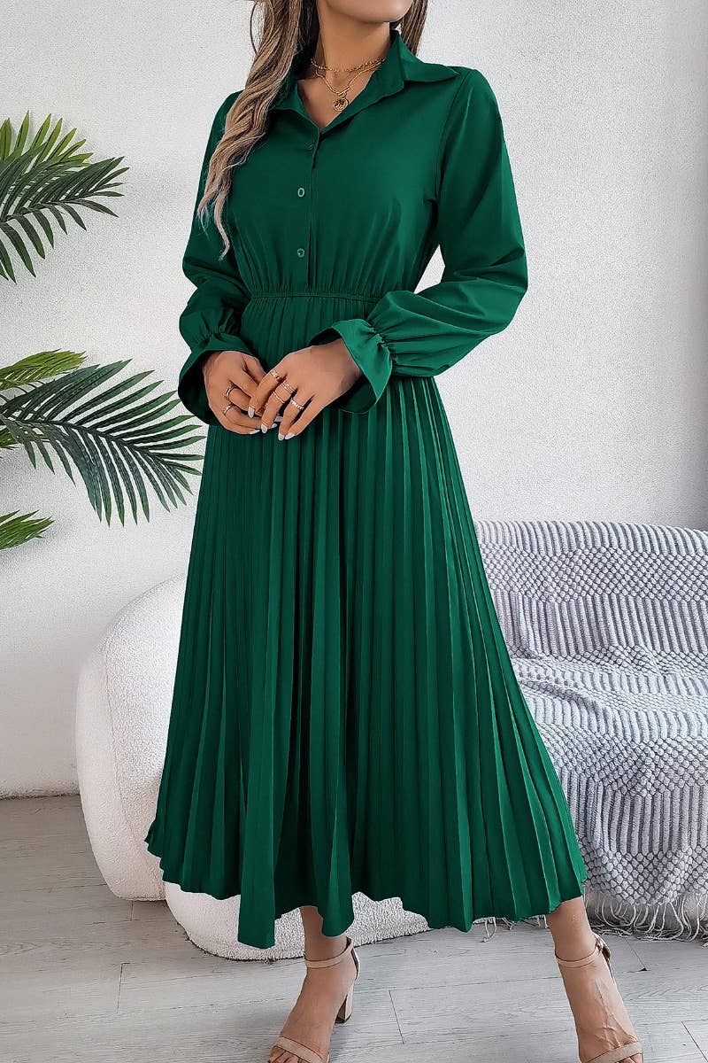 CWDMD3944_FALL PLEATED LONG-SLEEVED SHIRT-WAIST DRESS