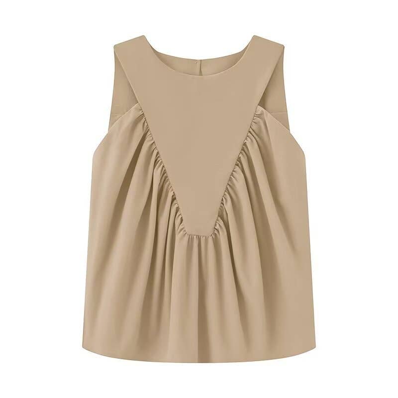 Versatile solid-color pleated sleeveless vest