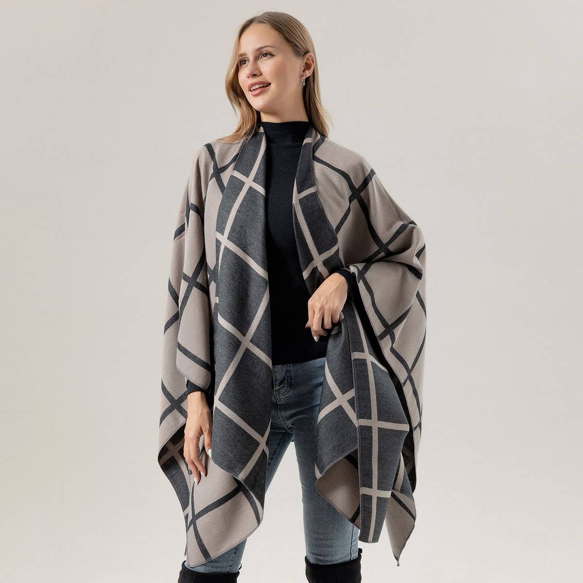 SIDE-STRAP SHAWL PLAID SLIT CAPE WARM SCARF