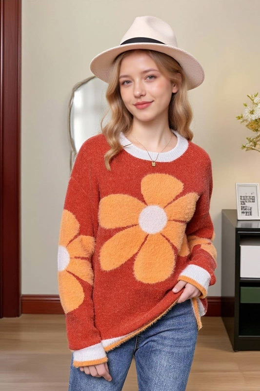 CWOSWL07601_FLORAL FUZZY CREWNECK KNIT SWEATER