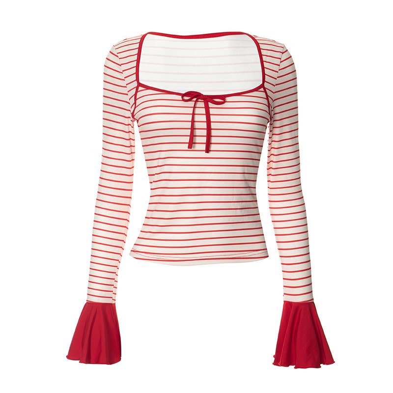 STRIPED SQUARE NECK FLARED LONG SLEEVE TOP