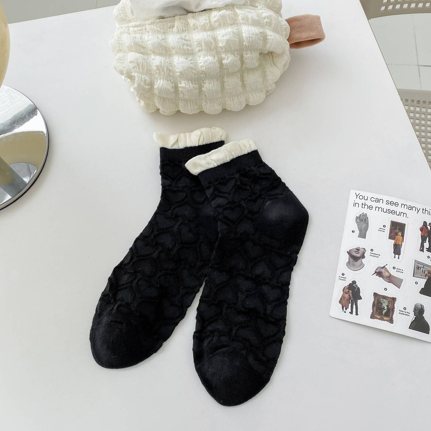 Rhombus, Heart Pattern Ruffle Ankle Socks