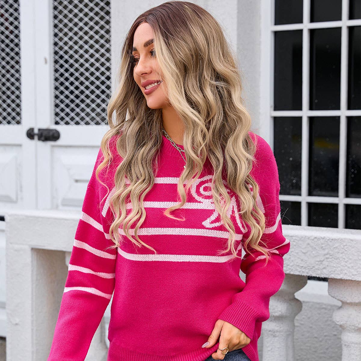 Striped bow round neck floral knit sweater