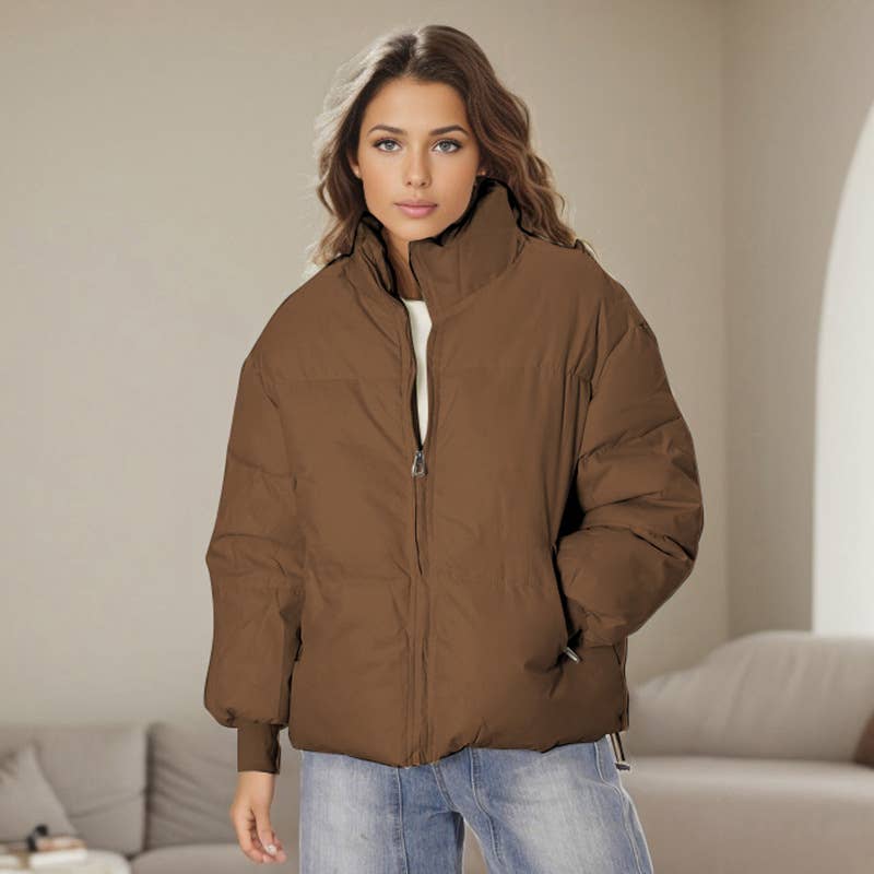 SOLID COLOR STAND-UP COLLAR LONG SLEEVES JACKET