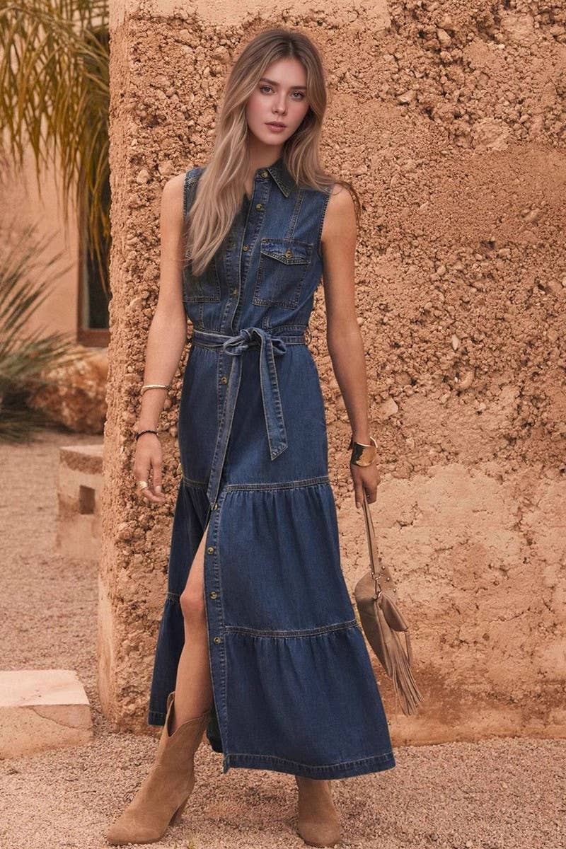 CWDMD6375_SLEEVELESS DENIM SINGLE BREASTED LONG DRESS