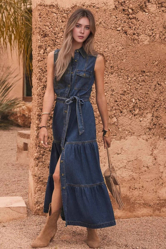 CWDMD6375_SLEEVELESS DENIM SINGLE BREASTED LONG DRESS