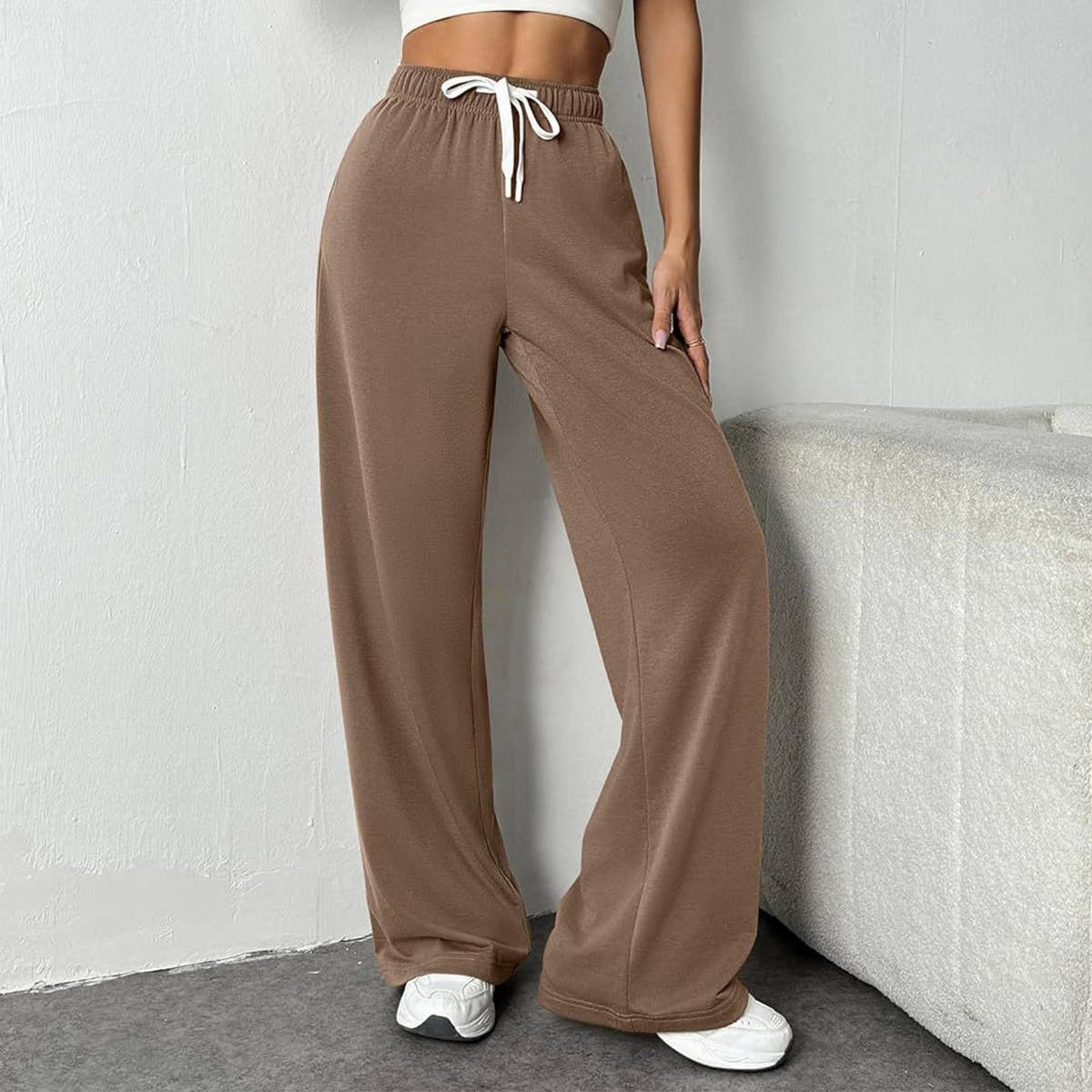 SOLID COLOR ELASTIC WAIST SLIM STRAIGHT LEG PANTS