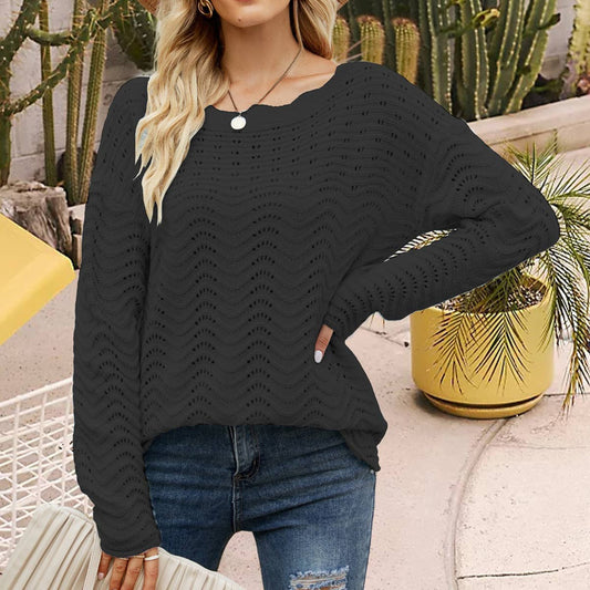 Hollowed-out pullover lace line neck sweater