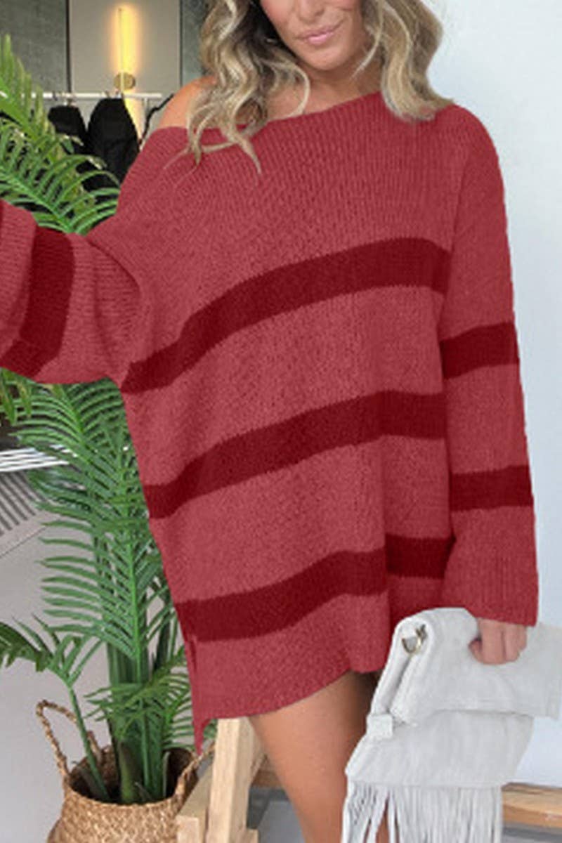 CWOSWL07674_ROUND NECK MID-LENGTH STRIPED SWEATER