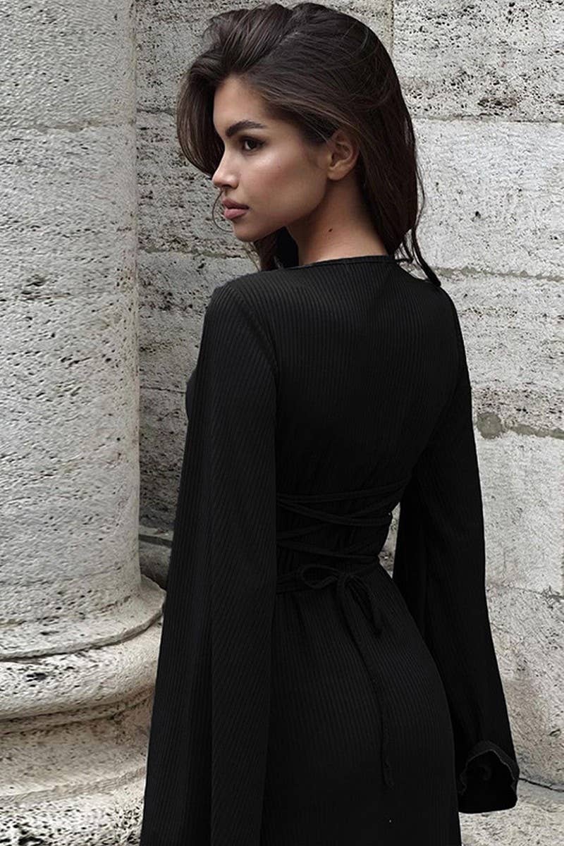 CWDMD4948_OVERSIZED TIE-DETAIL RIBBED LONG SLEEVE DRESS