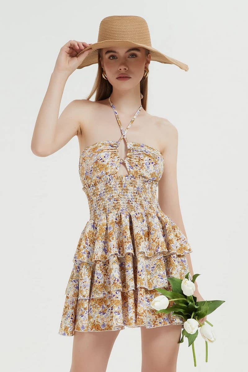 CWDHL1031_FLORAL HALTER WAIST RUCHED PUFF ROMPER DRESS