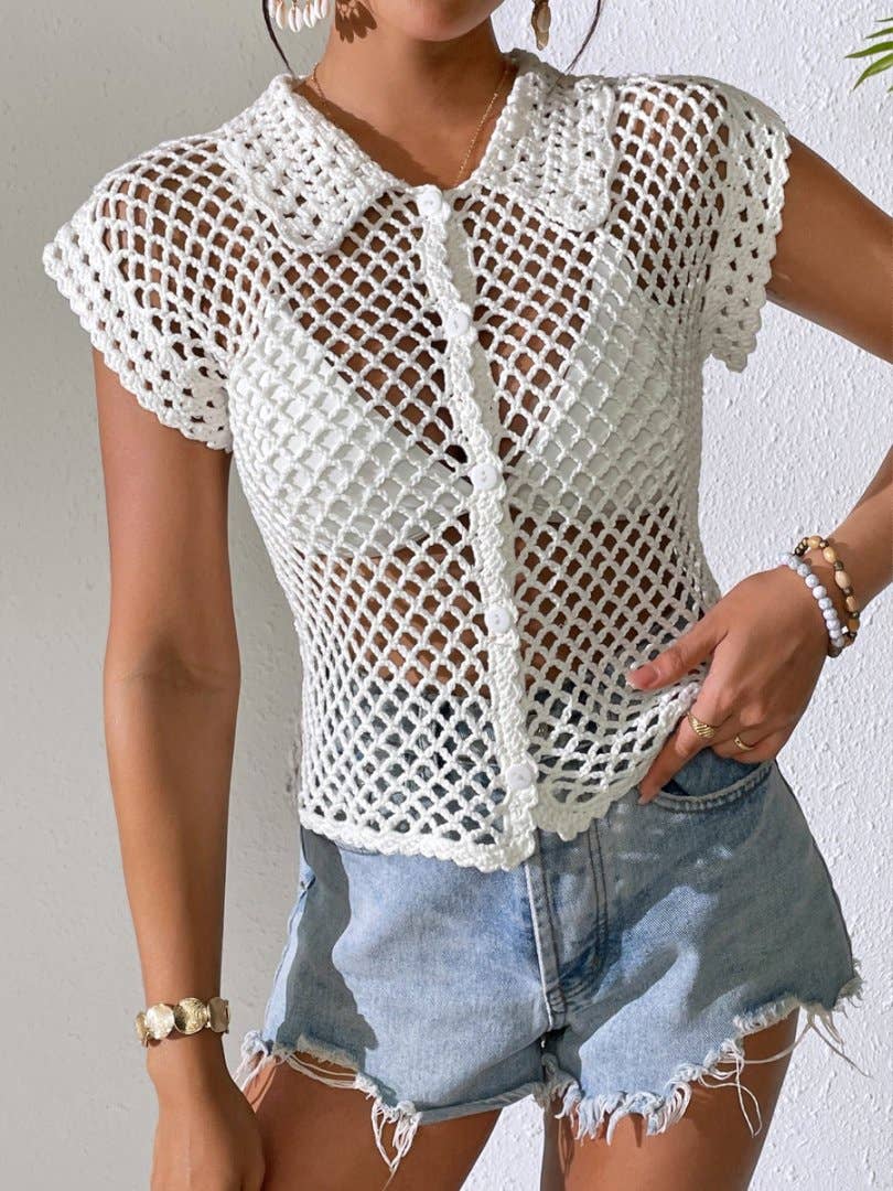 SOLID COLOR HOLLOW-OUT LOOSE LAPELS CARDIGAN